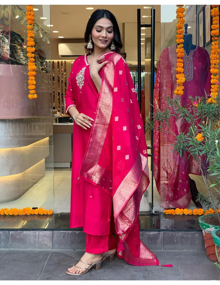 GoSriKi Women's Pink Straight Embroidered Kurta with Trouser & Dupatta