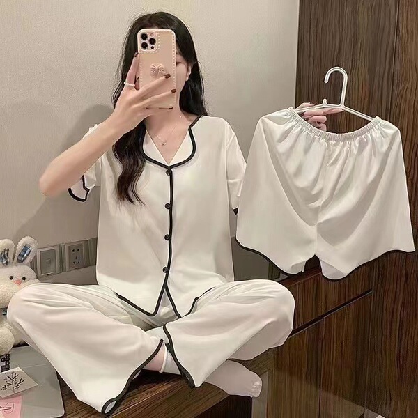 2025 new pajamas for women summer high-looking Internet celebrity three-piece cardigan short-sleeved shorts trousers sweet home wear