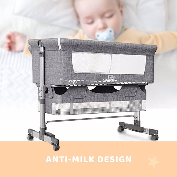 3-in-1 Baby Bedside Crib with Mosquito Net, Large Storage, Comfortable Mattress & Lockable Wheels – Grey